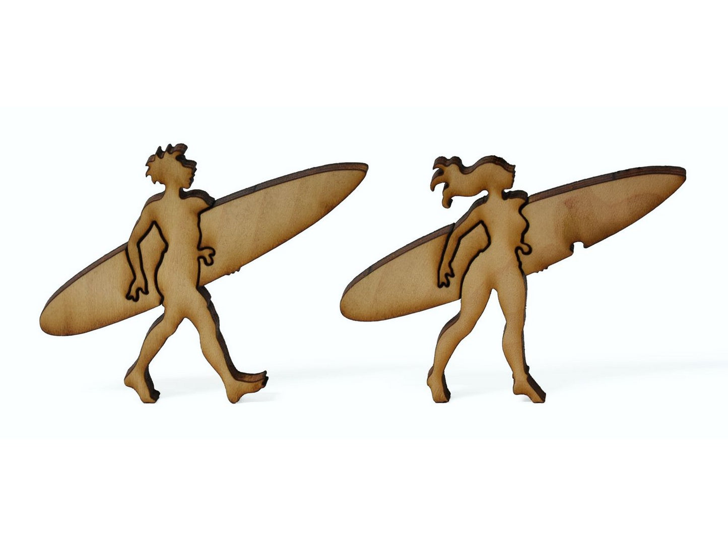 A closeup of pieces showing two surfers with their surfboards.