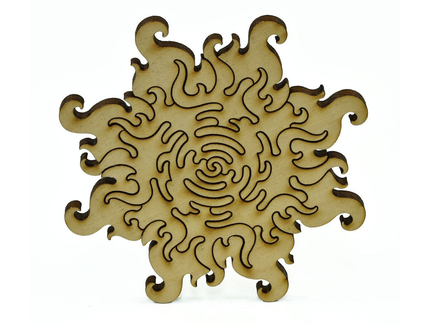 A closeup of pieces in the shape of a sun.