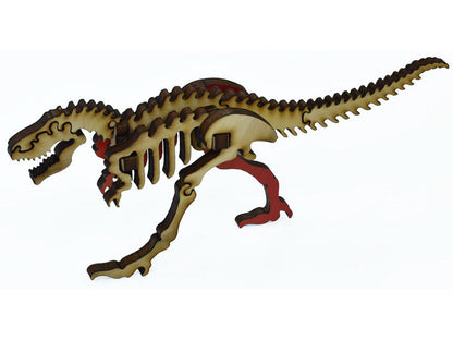 A closeup of pieces that go together to make a three dimensional Tyrannosaurus Rex skeleton.