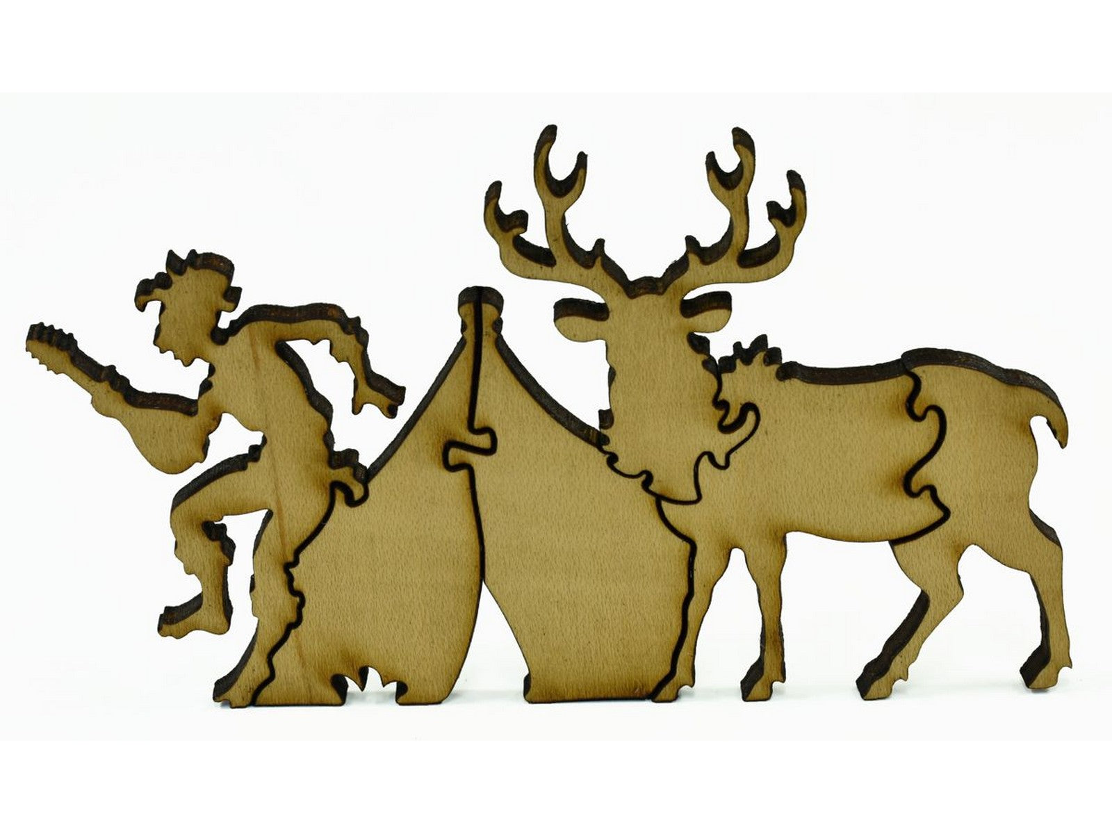 A closeup of pieces in the shape of an elk and a campsite.