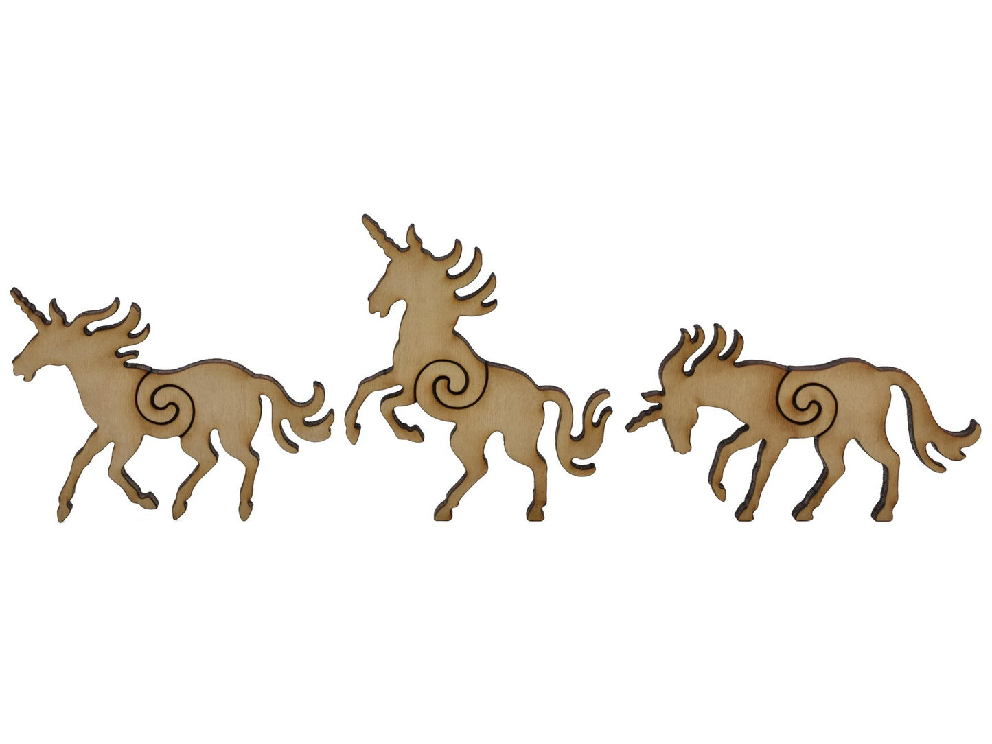A closeup of pieces shaped like three unicorns.