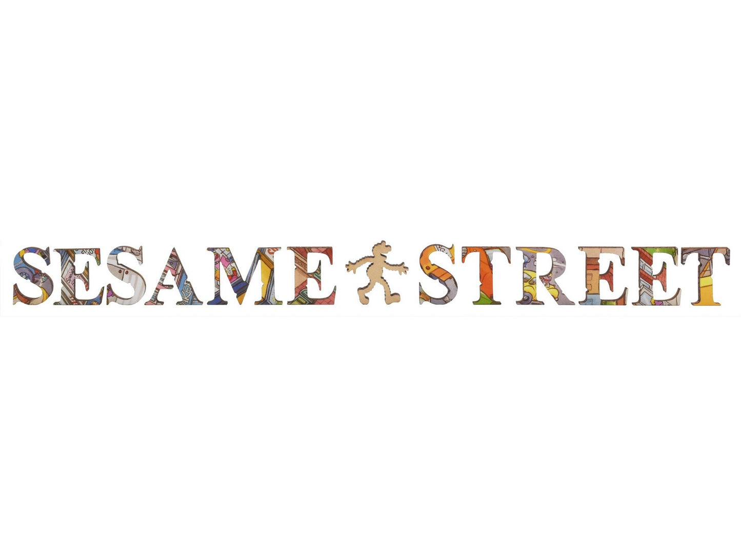 A closeup of pieces shaped like the letter spelling out the title, Sesame Street, and Elmo.
