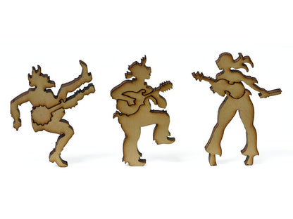 A closeup of pieces showing musicians playing banjo, mandolin, and fiddle.