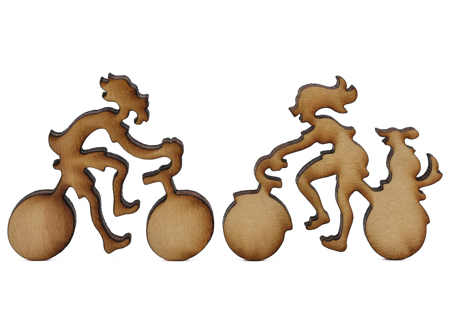 A closeup of pieces shaped like two people on bicycles.