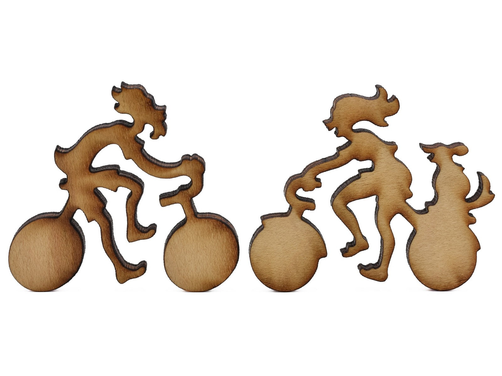 A closeup of pieces shaped like two people on bicycles.