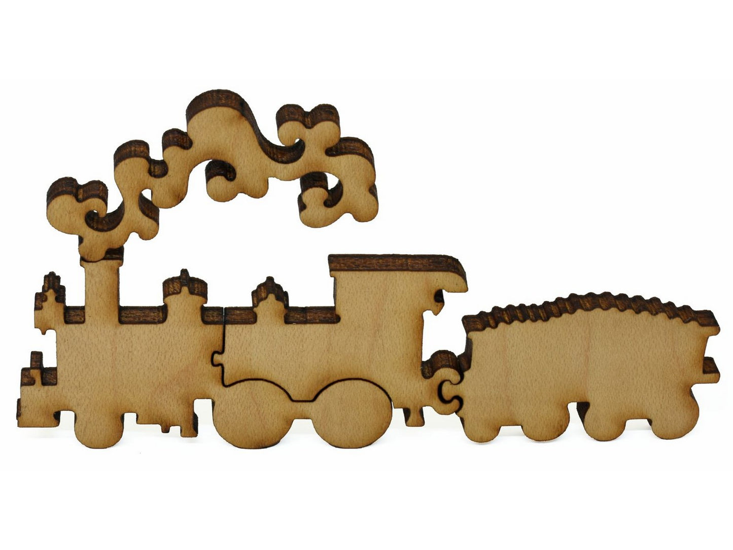 A closeup of pieces showing a train with an engine and coal car.