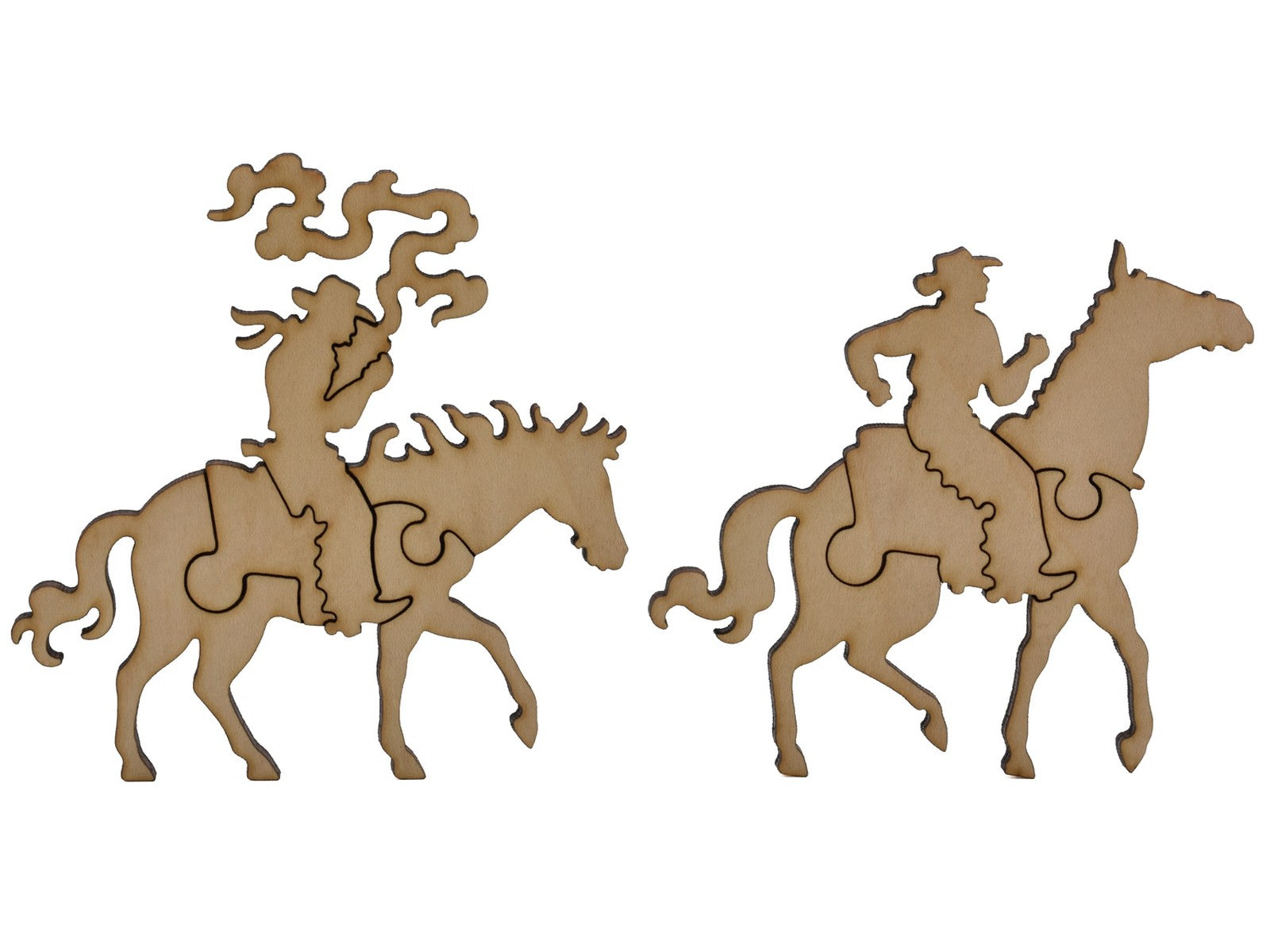 A closeup of pieces shaped like two cowboys on horses.