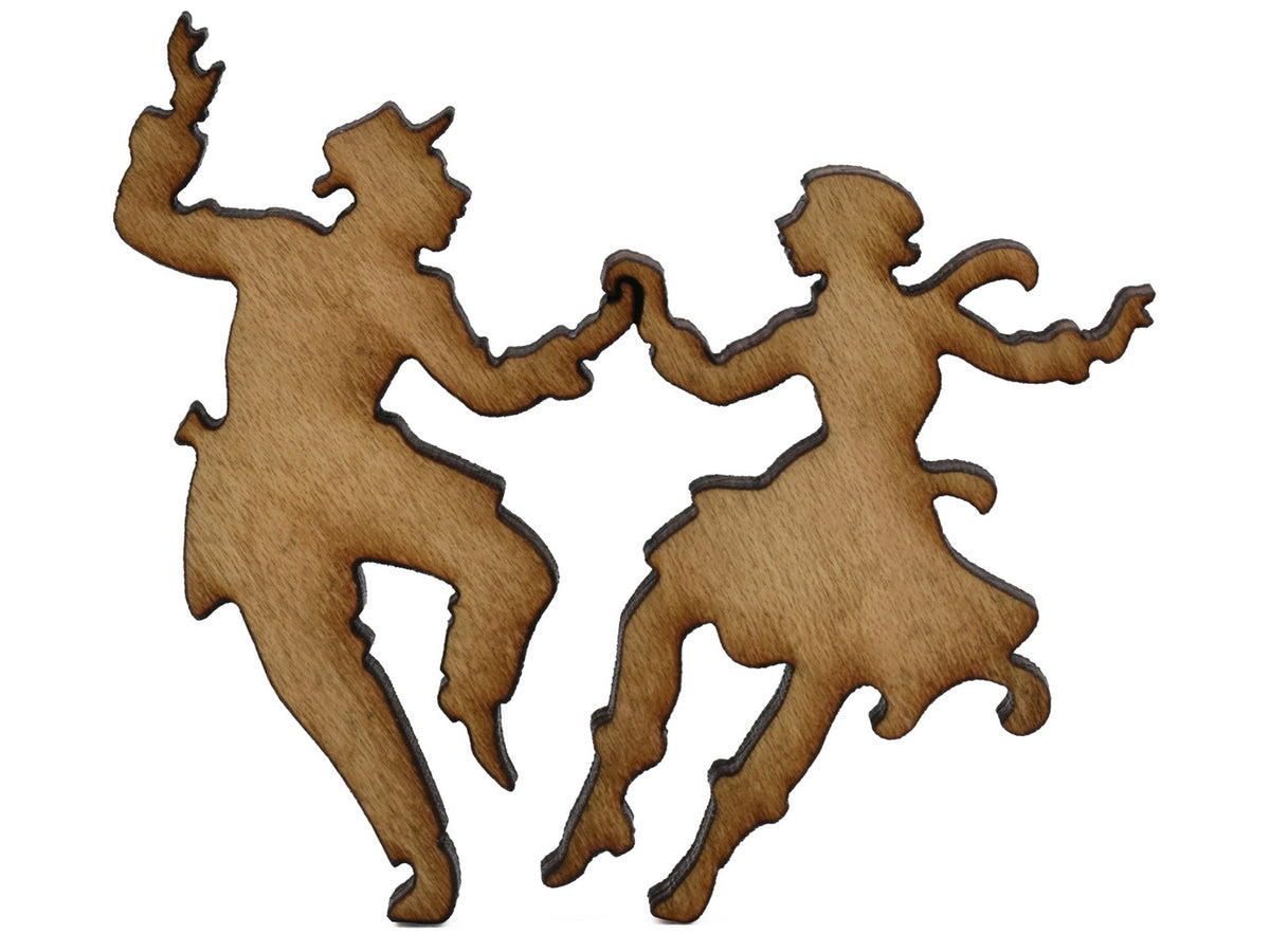 A closeup of pieces shaped like two people dancing.