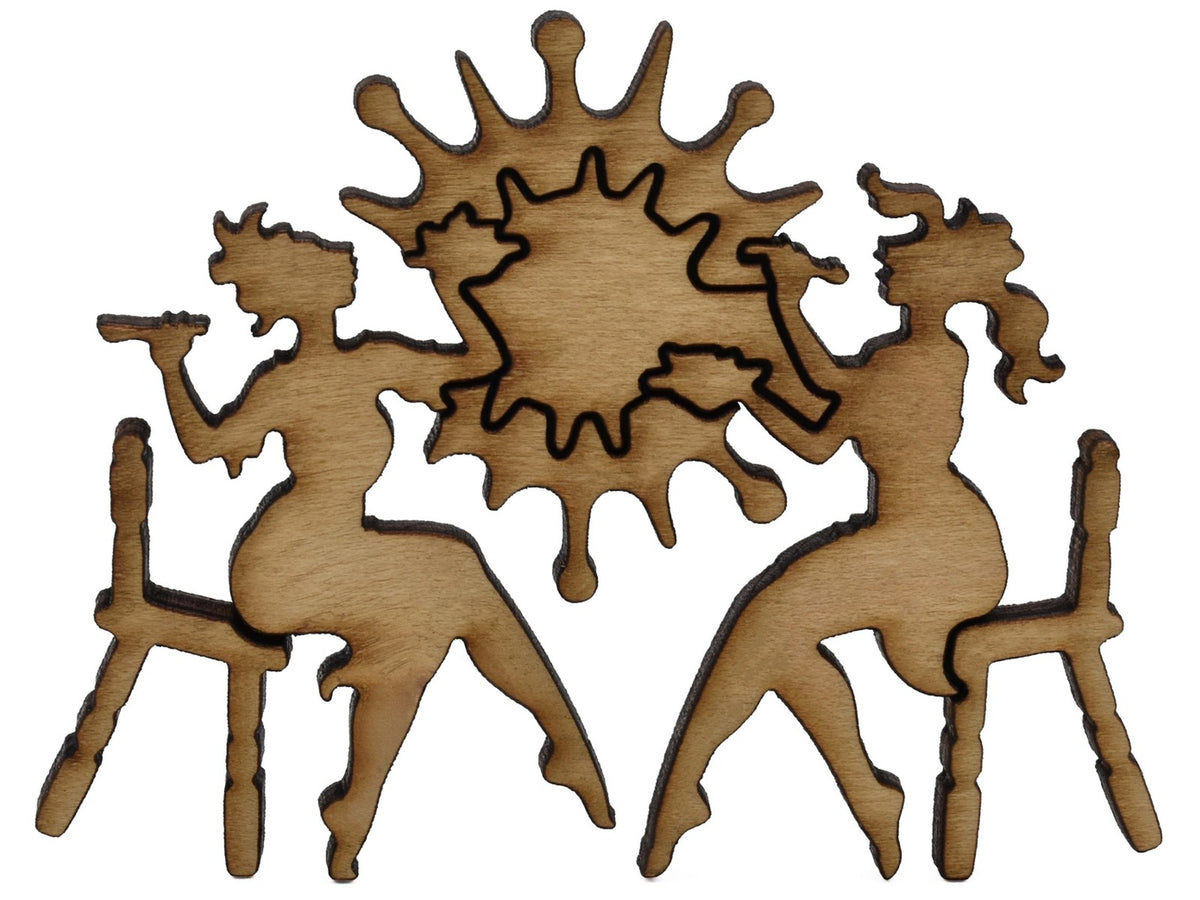 A closeup of pieces shaped like two women dining.