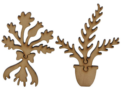 A closeup of pieces shaped like a bouquet and a houseplant.