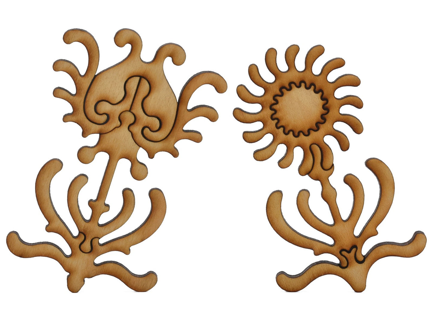 A closeup of pieces shaped like two large flowers.