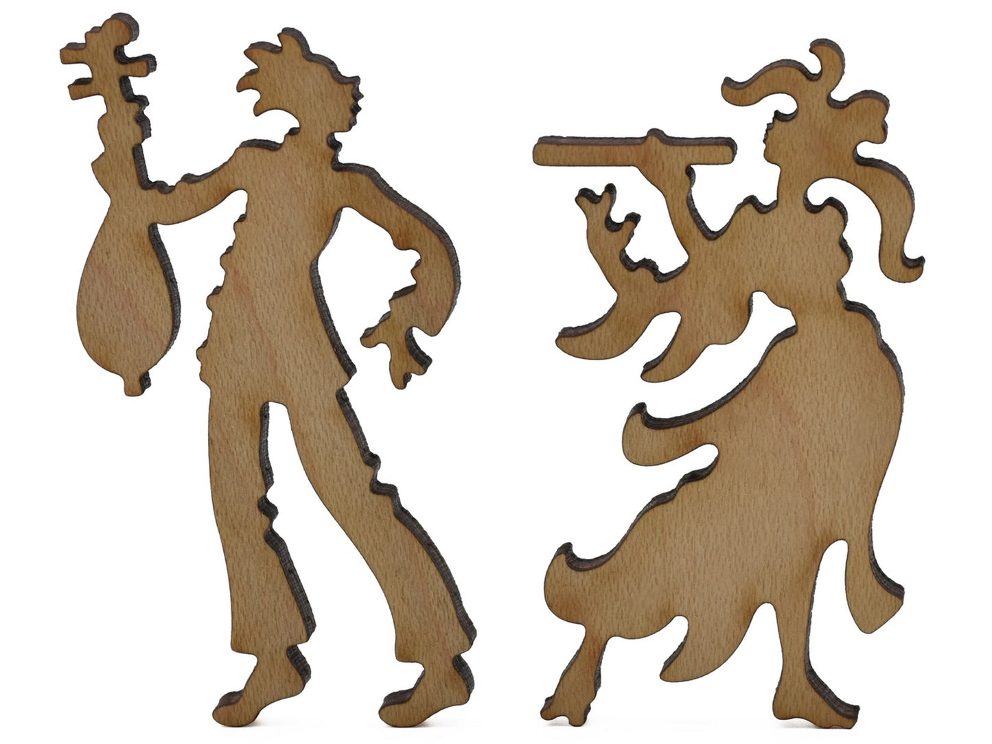 A closeup of pieces shaped like two musicians.