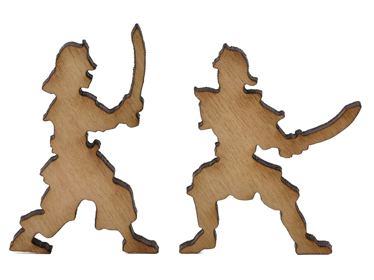 A closeup of pieces shaped like two Samurai.