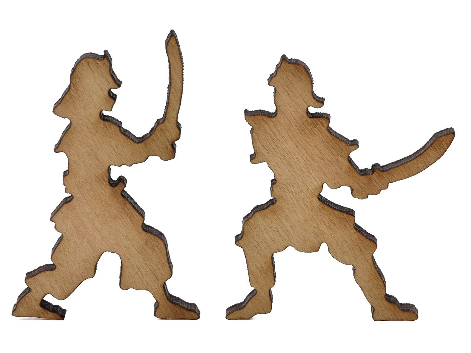 A closeup of pieces shaped like two Samurai.