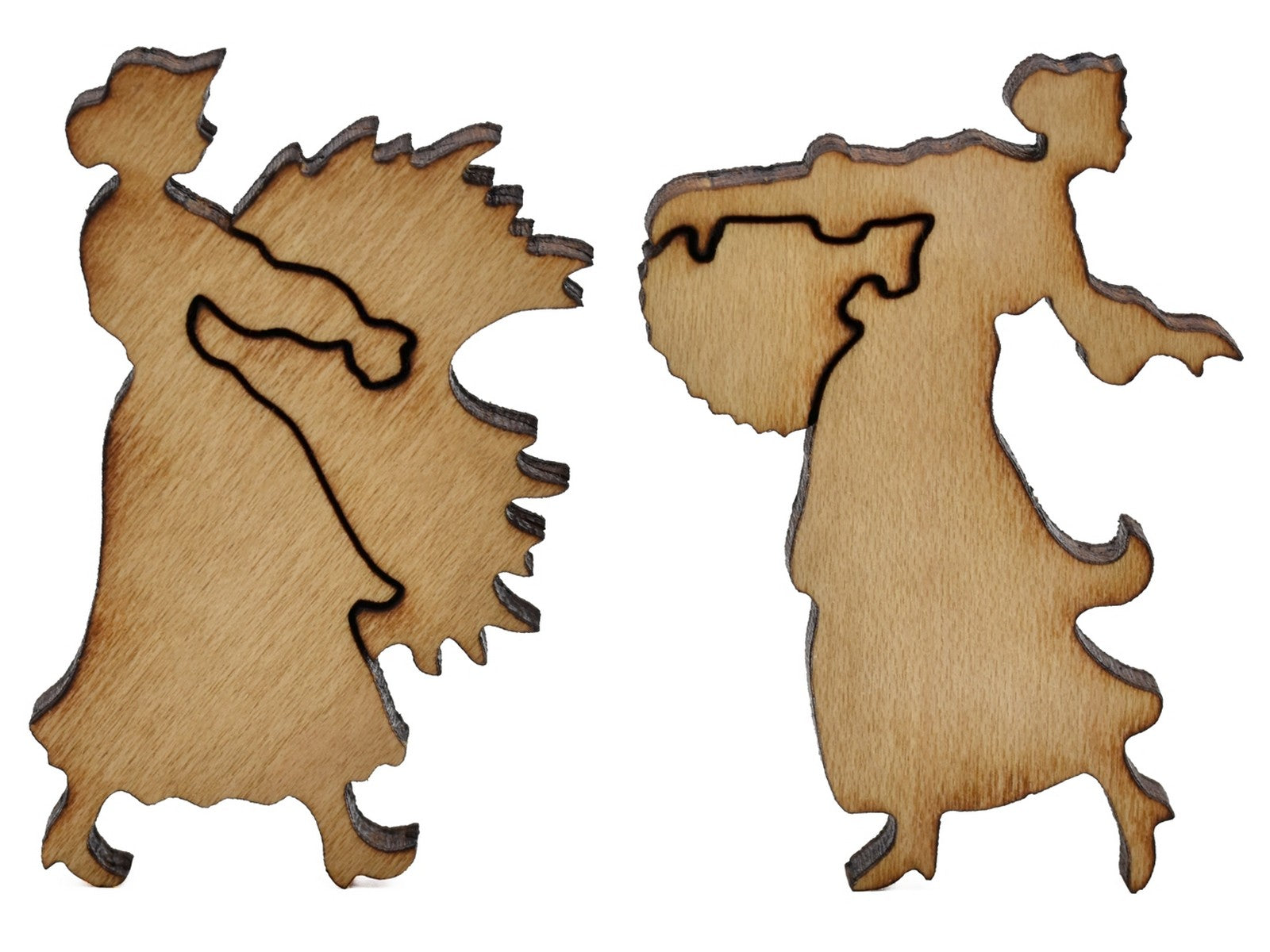 A closeup of pieces shaped like two women carrying hay.