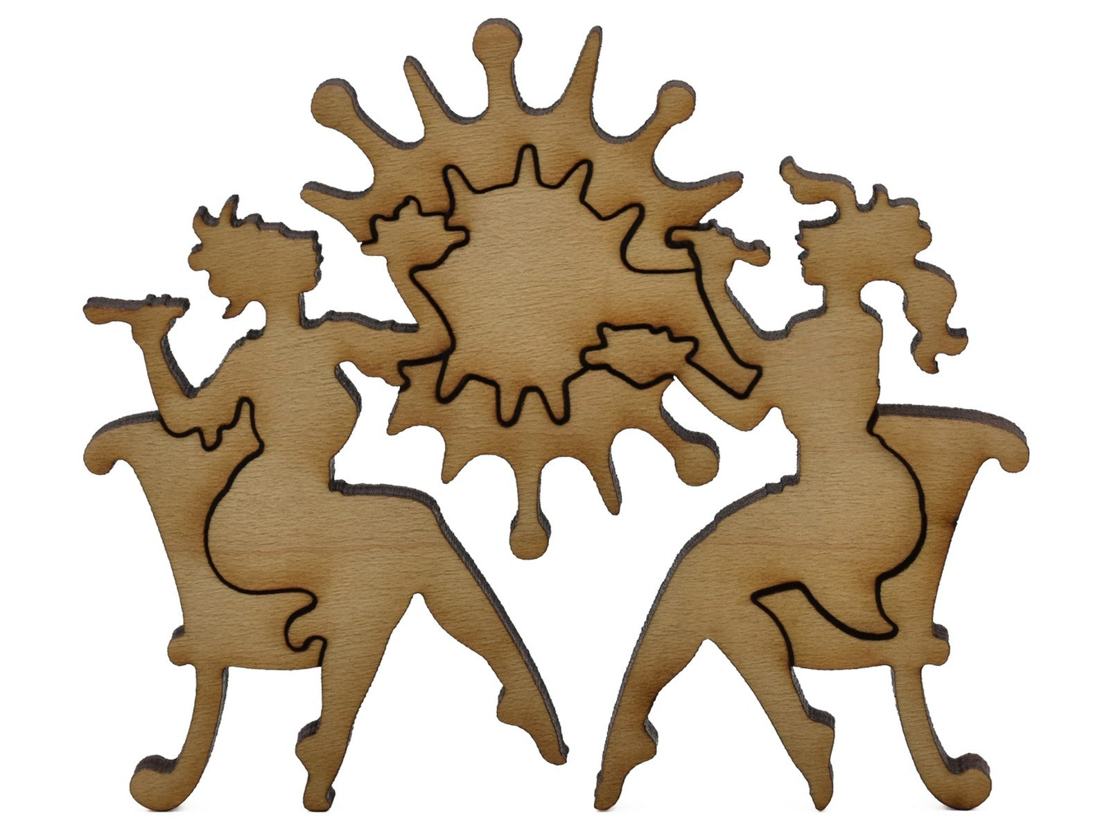 A closeup of pieces shaped lke two women at a dining table.