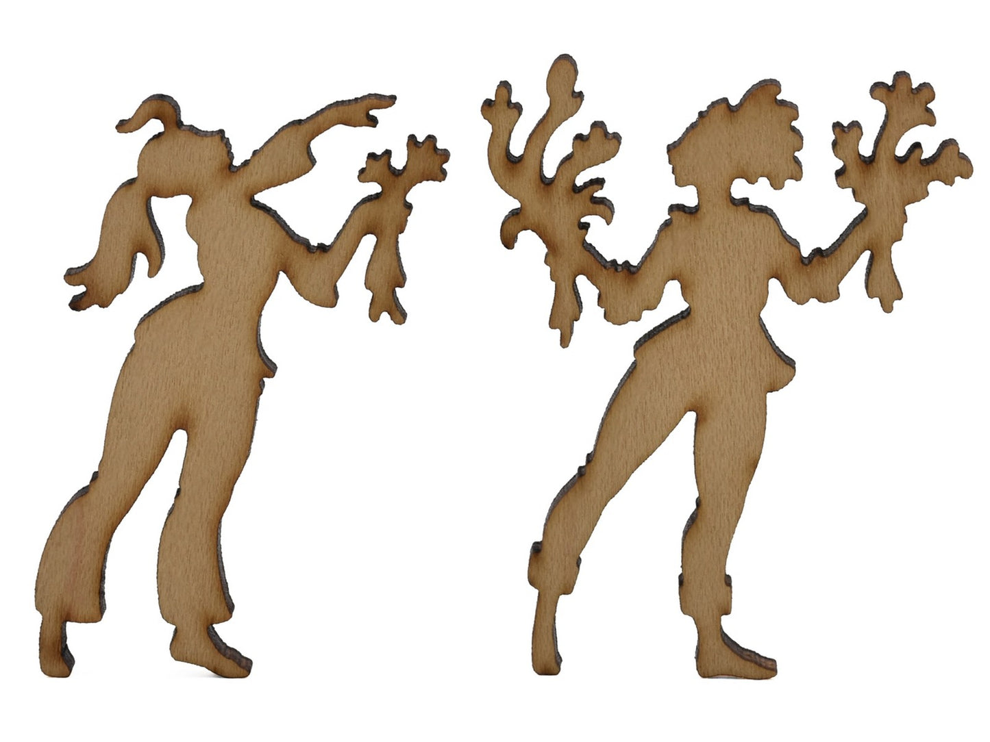 A closeup of pieces shaped like to women holding bouquets.