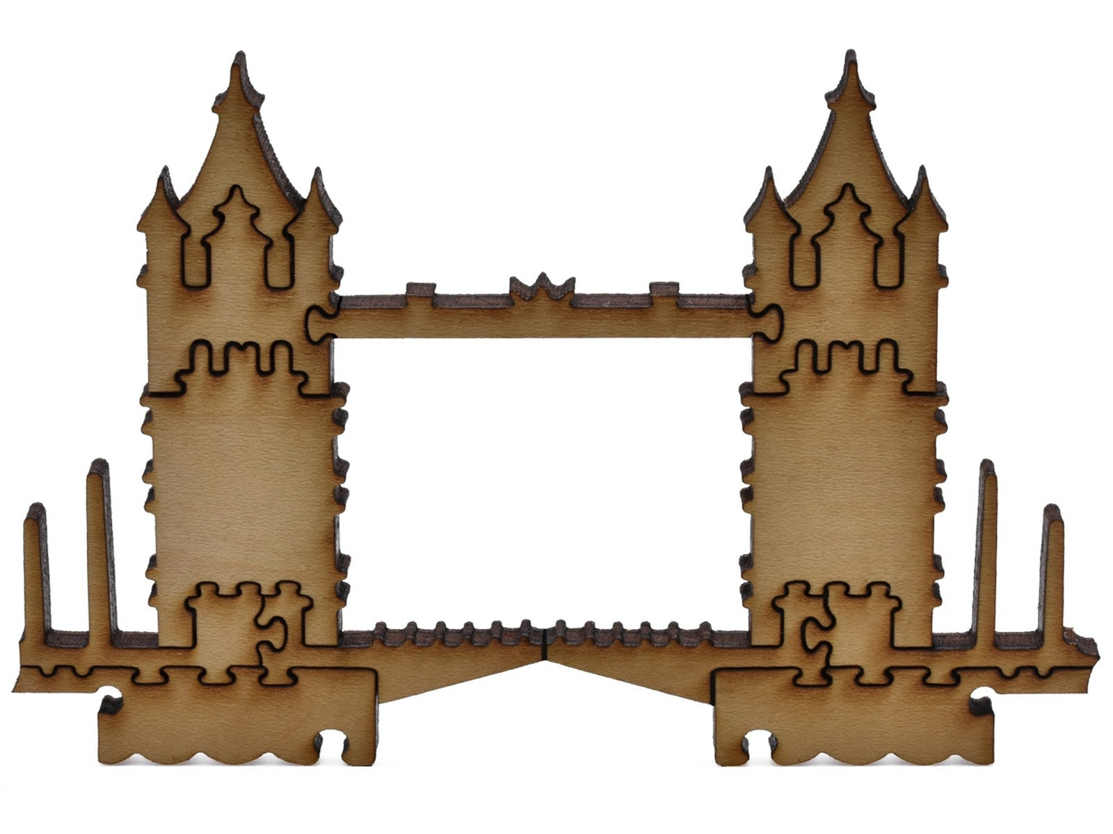 A closeup of pieces showing a multi-piece depiction of Tower Bridge.