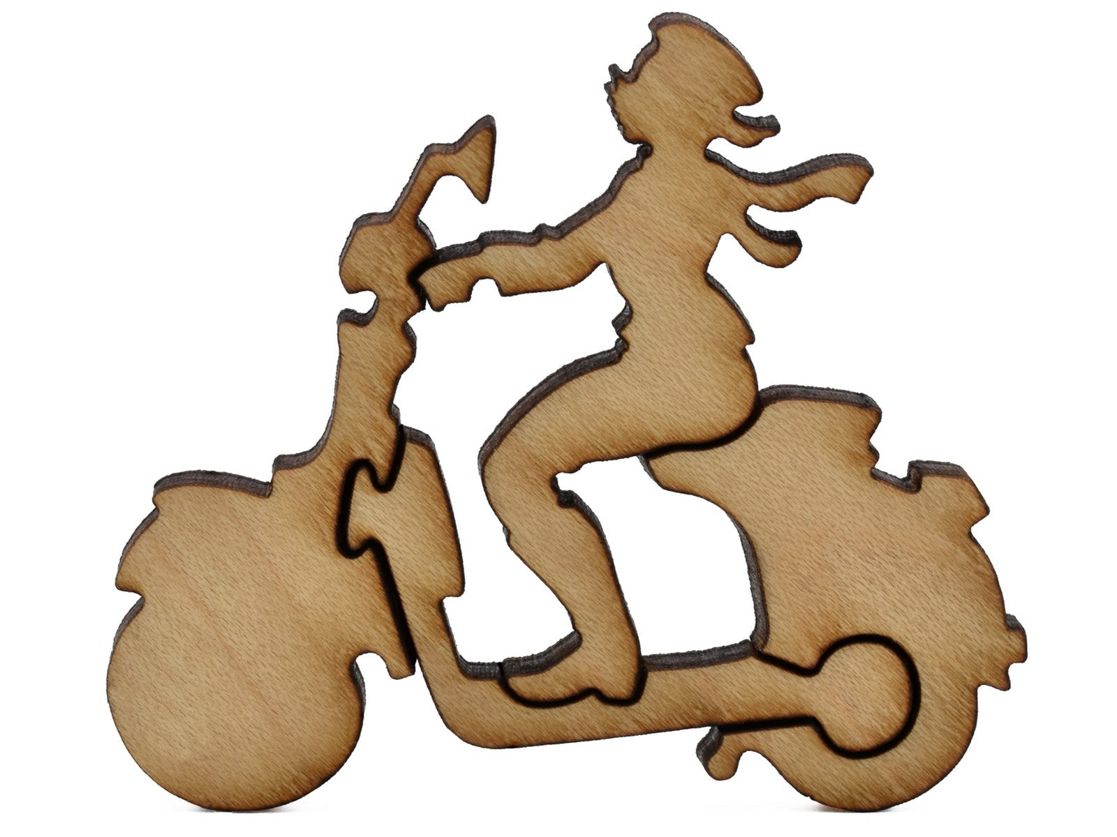 A closeup of pieces shaped like a person driving a Vespa scooter.