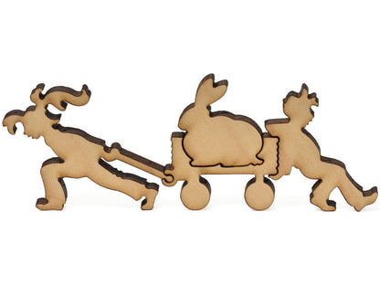 A closeup of pieces showing children pulling a bunny in a wagon.