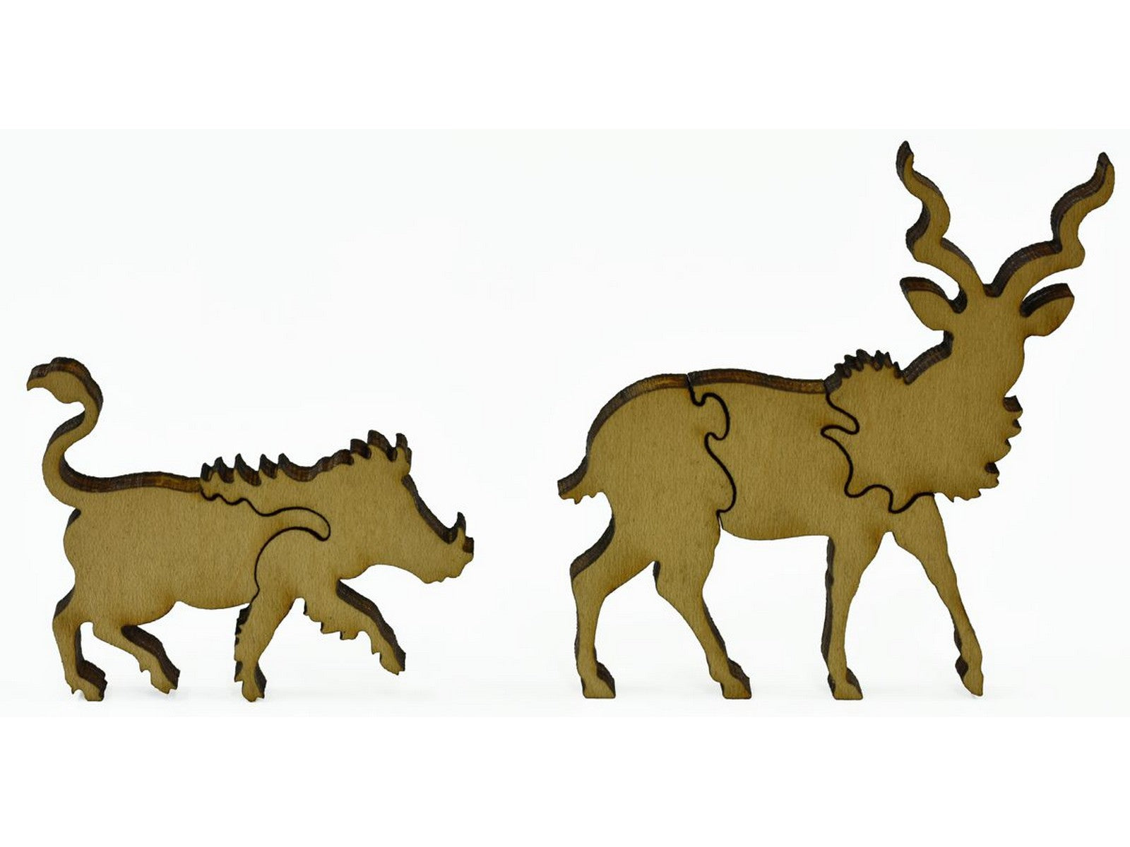 A closeup of pieces that show a warthog and an antelope.