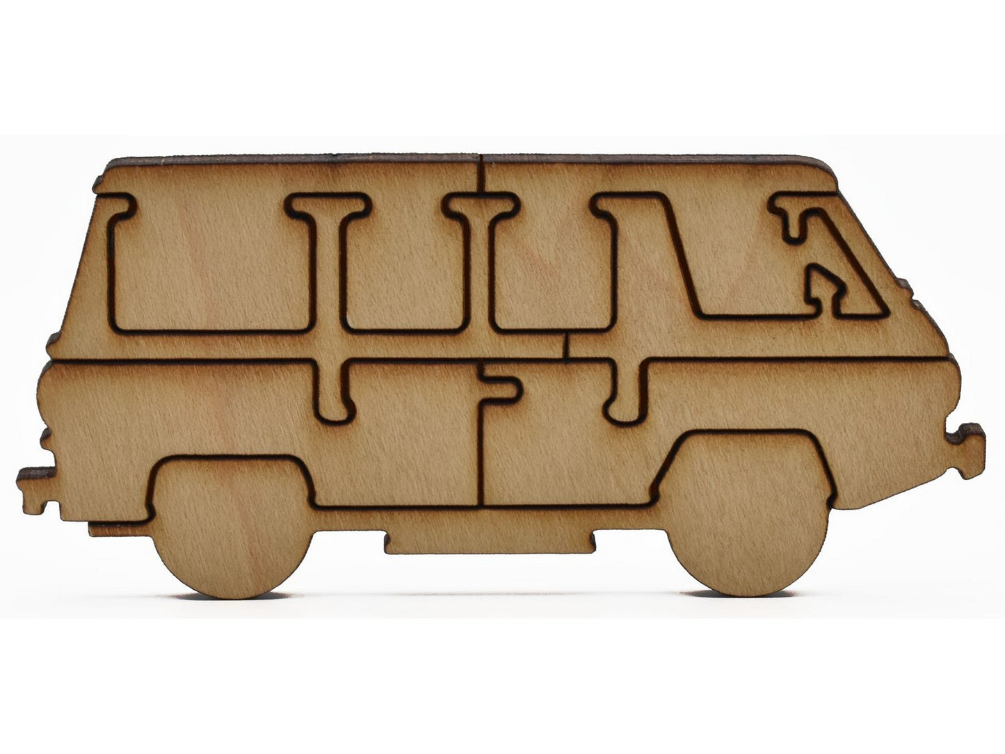 A closeup of pieces in the shape of the Liberty Puzzles whimsy wagon.