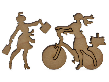 A closeup of pieces in the shape of a woman on a bicycle and a shopper.