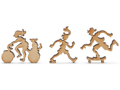 A closeup of pieces shaped like a woman on a bike, a walker, and a man on a skateboard.