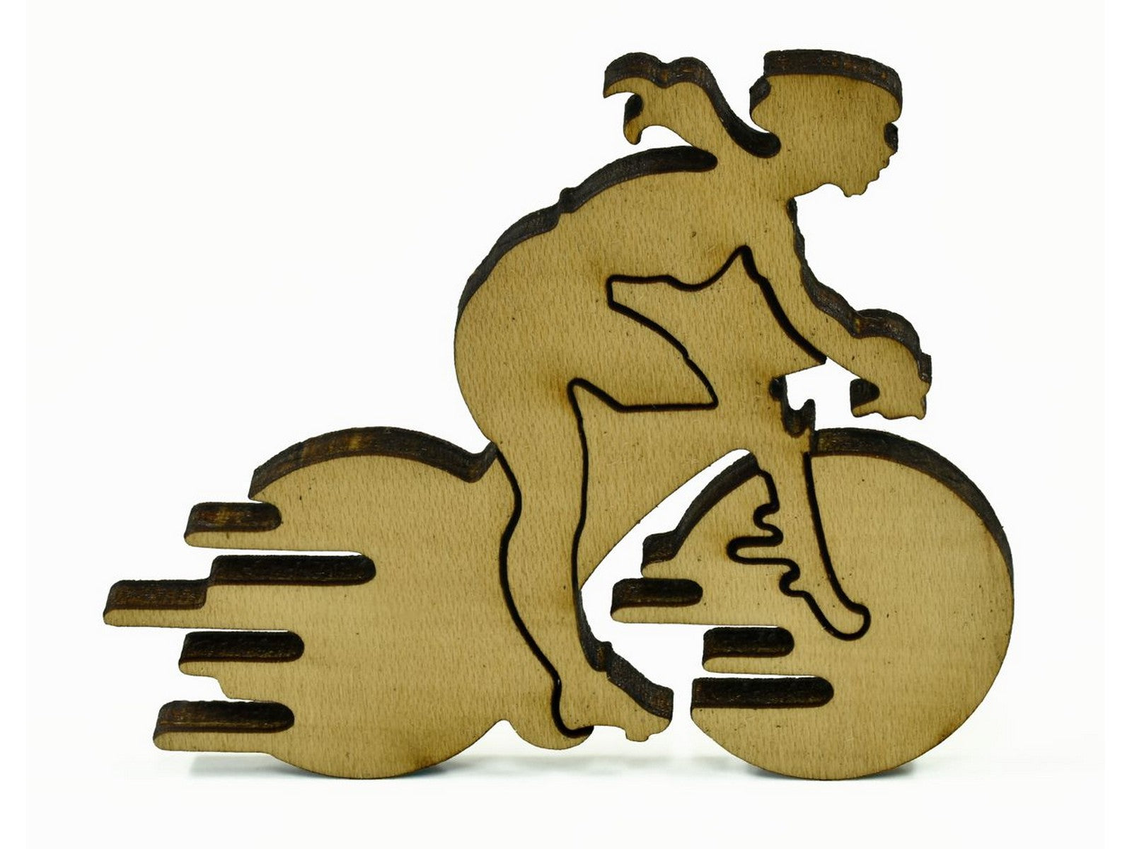 A closeup of pieces in the shape of a person riding a bicycle.