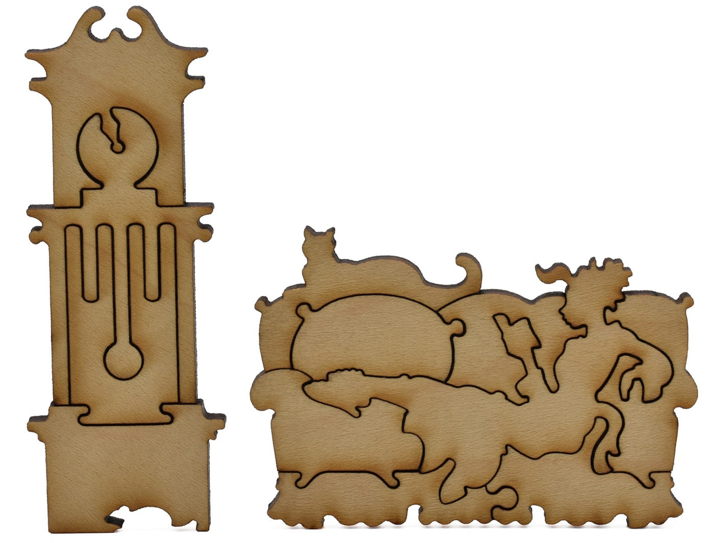 A closeup of pieces shaped like a woman on a couch and a grandfather clock.