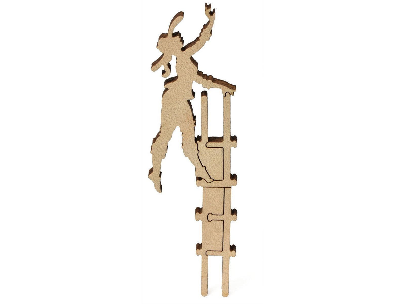 A closeup of pieces that show a woman climbing a ladder from the puzzle, Palisade Peach Basket.