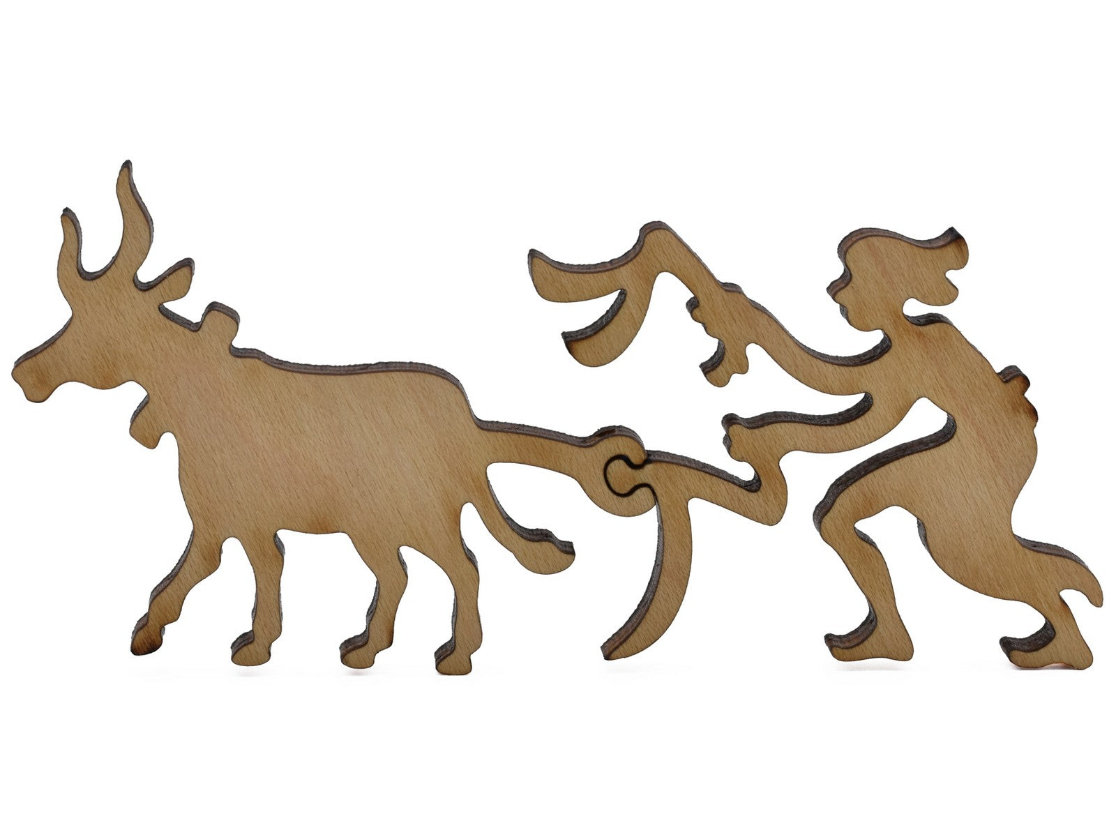 A closeup of pieces shaped like a farmer with an ox.