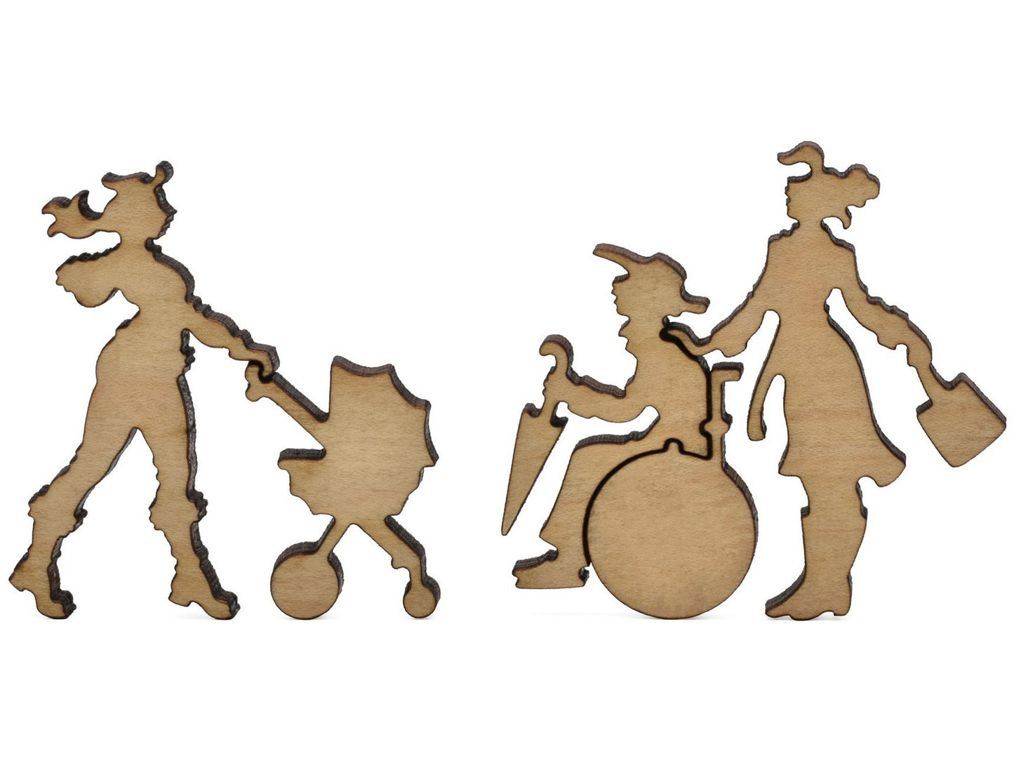 A closeup of pieces shaped like a woman pushing a stroller and another one with a wheelchair.