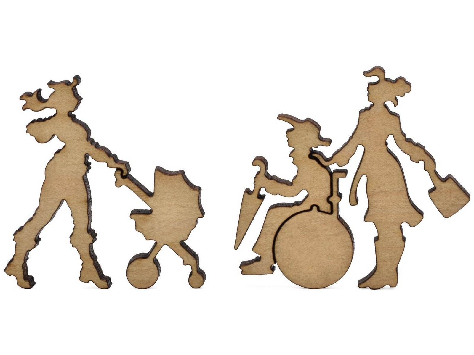 A closeup of pieces shaped like a woman pushing a stroller and another one with a wheelchair.