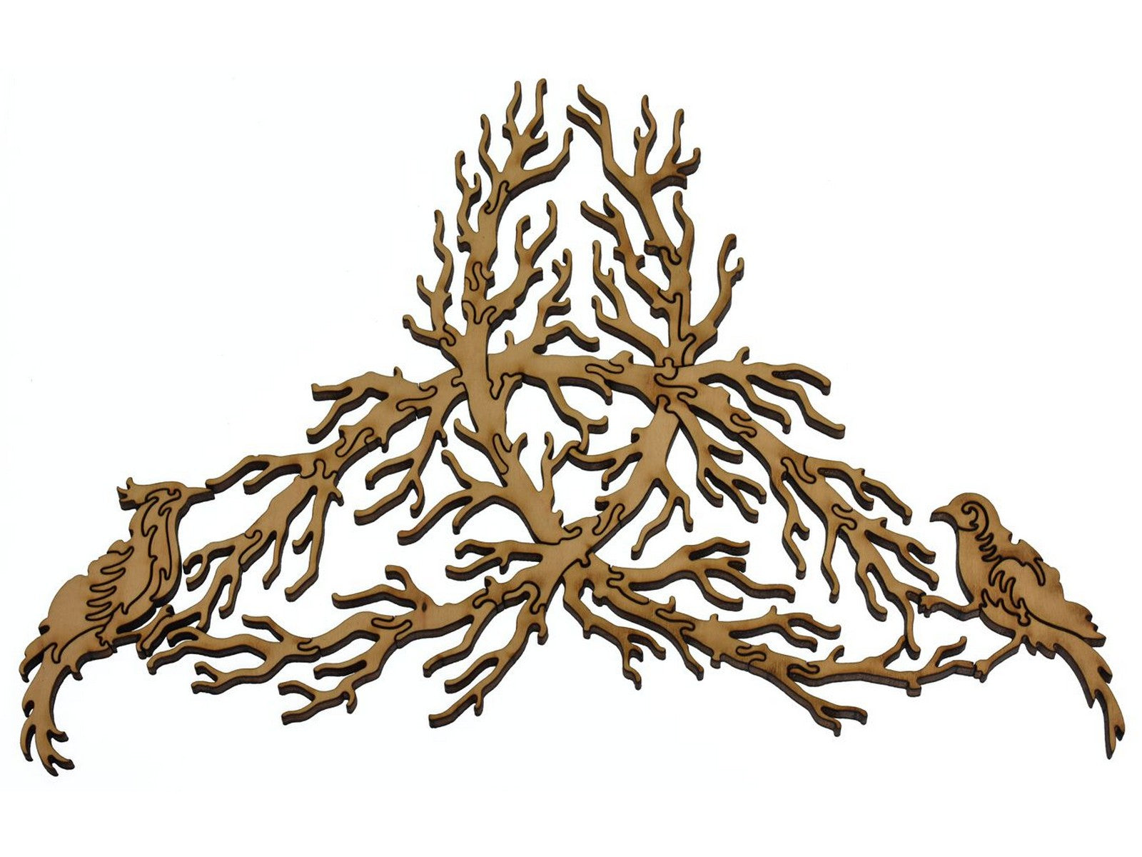 A closeup of pieces showing branches and birds.