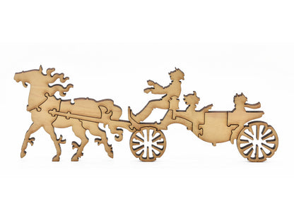 A closeup of pieces in the shape of people riding in a carriage.