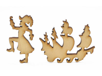 A closeup of pieces in the shape of captain hook and a ship.