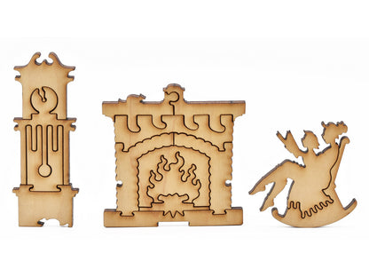 A closeup of pieces in the shape of a person reading to a child, a fireplace, and a clock.