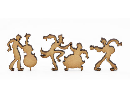 A closeup of pieces in the shape of people playing music and dancing.