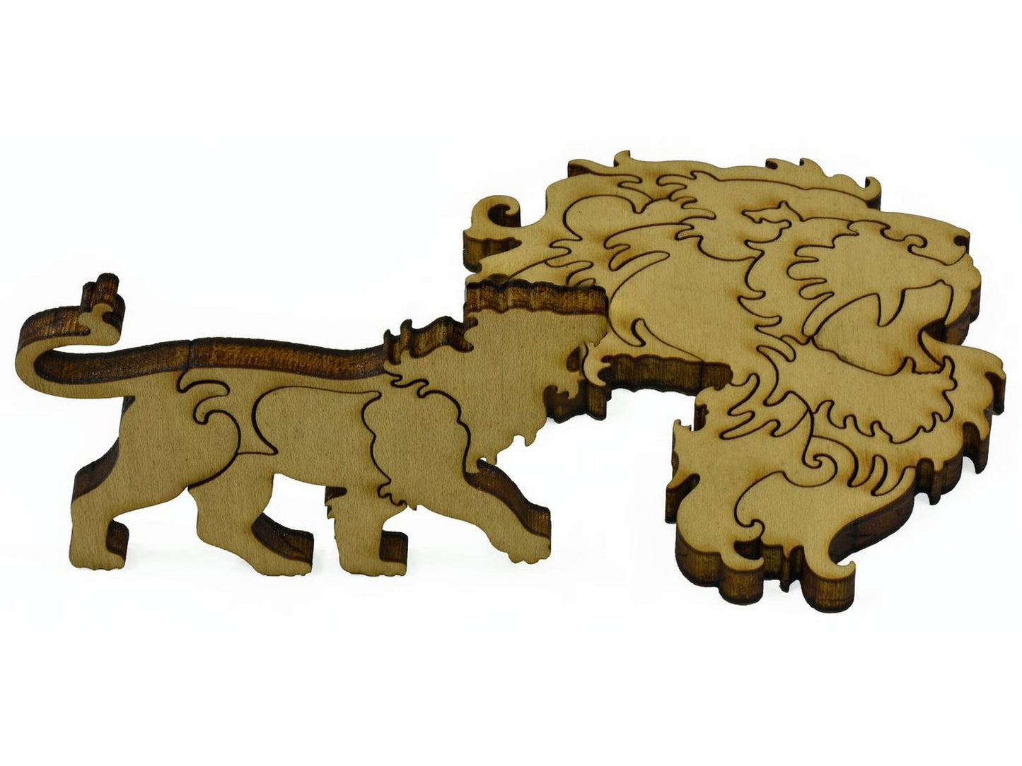 A closeup of pieces that make up a multi-piece lion's head along with a single lion.