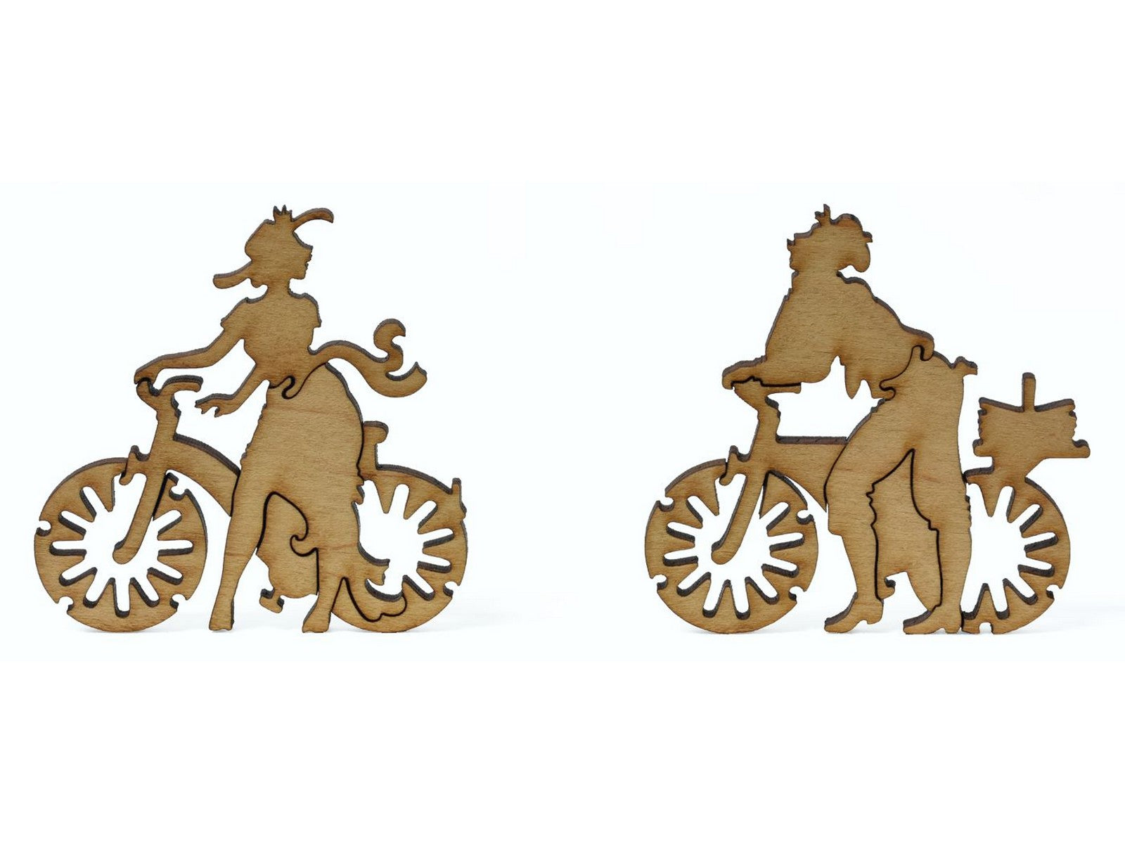 A closeup of pieces showing two people riding bicycles.