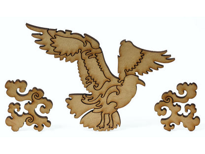 A closeup of pieces showing a large multi-piece bird with clouds.