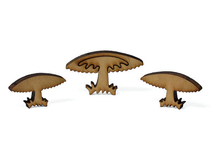 A closeup of pieces showing three mushrooms.