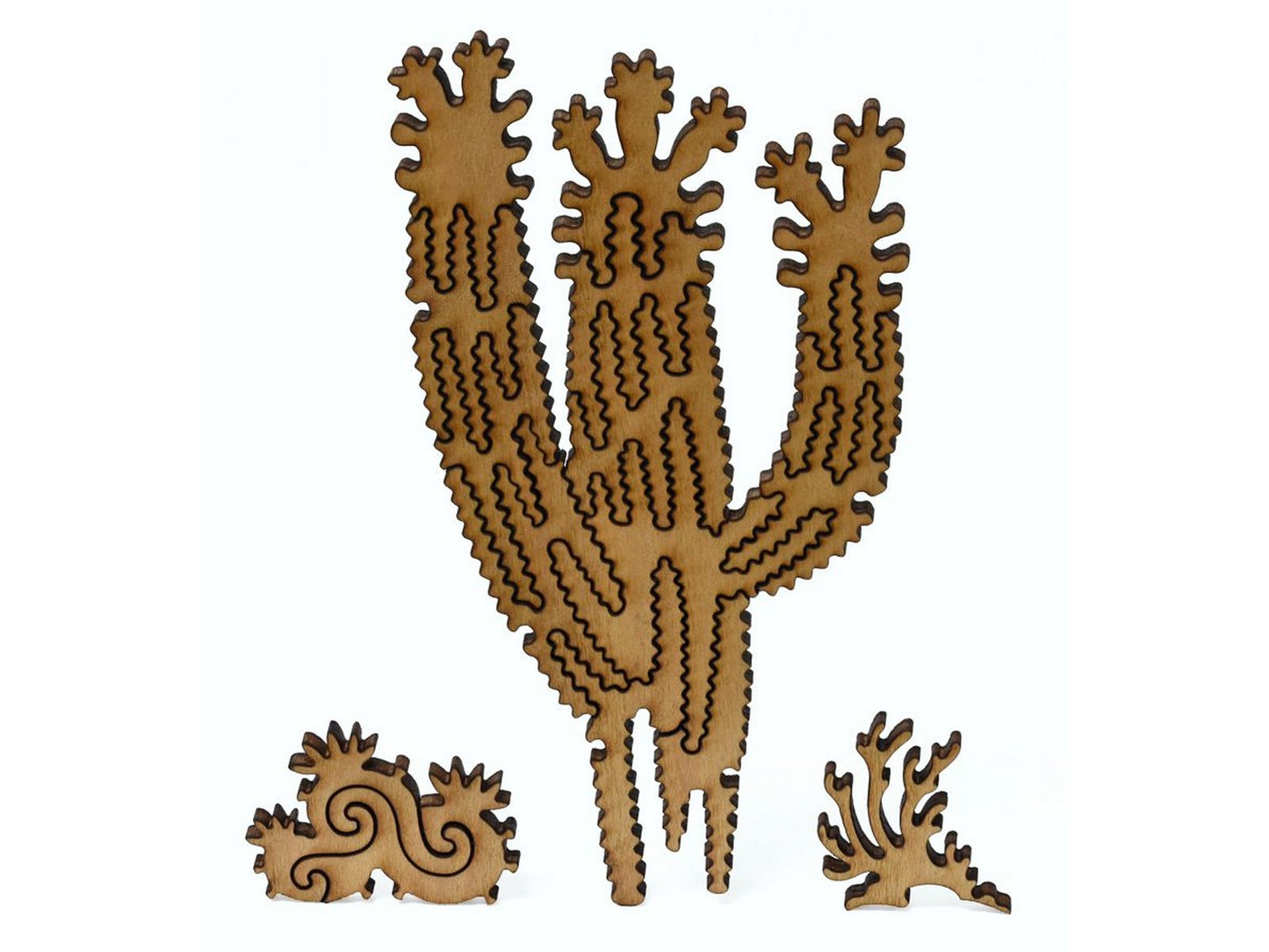 A closeup of pieces showing a multi-piece cactus.
