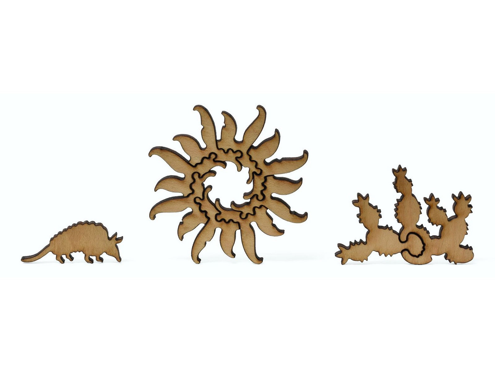A closeup of pieces showing an armadillo, cactus, and sun.