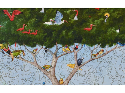 A closeup of the front of the puzzle, A Good Tree Can Lodge Ten Thousand Birds, showing the detail in the pieces.