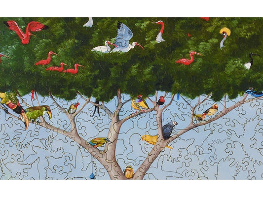A closeup of the front of the puzzle, A Good Tree Can Lodge Ten Thousand Birds, showing the detail in the pieces.