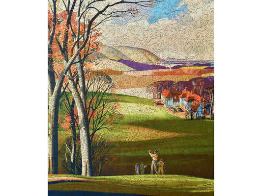 The front of the puzzles, A Good Walk Spoiled, with golfers on a course.