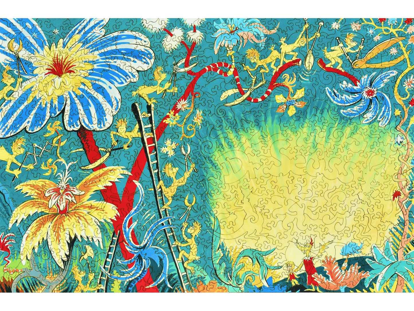 The front of the puzzle, A Plethora of Flowers, which shows little creatures trimming flowering vines.