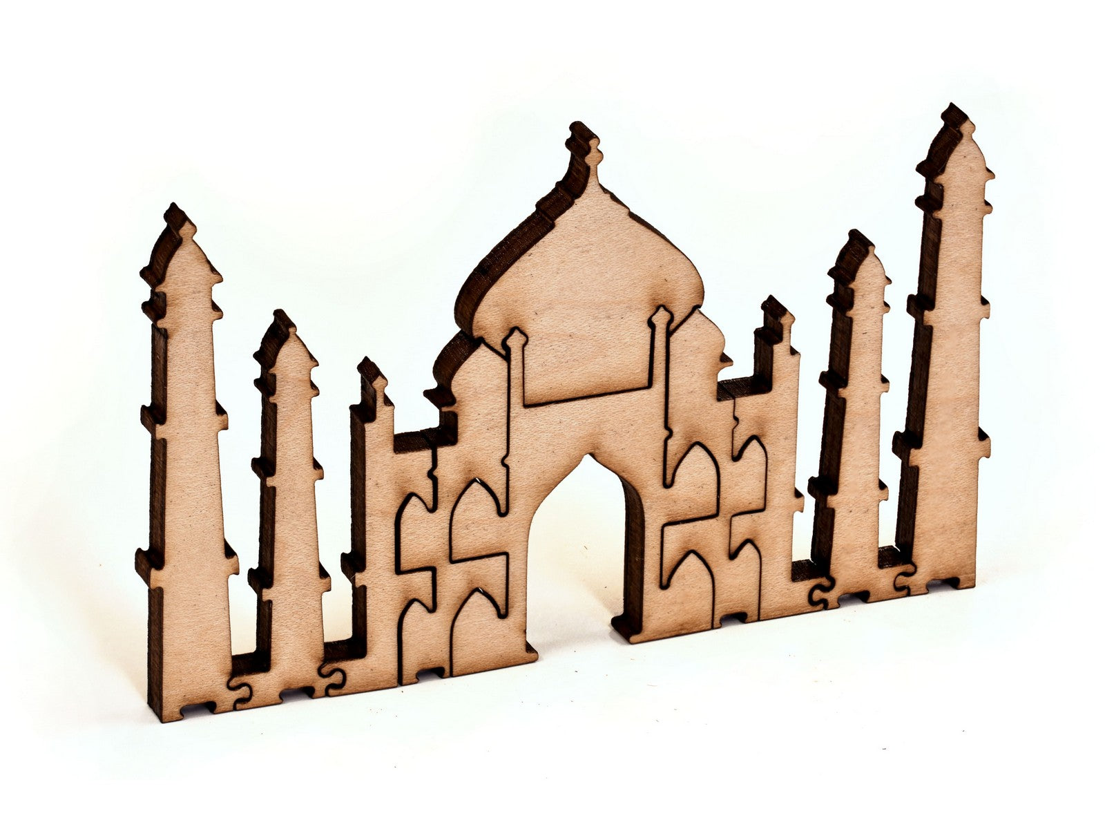 A closeup of pieces in the shape of the Taj Mahal.